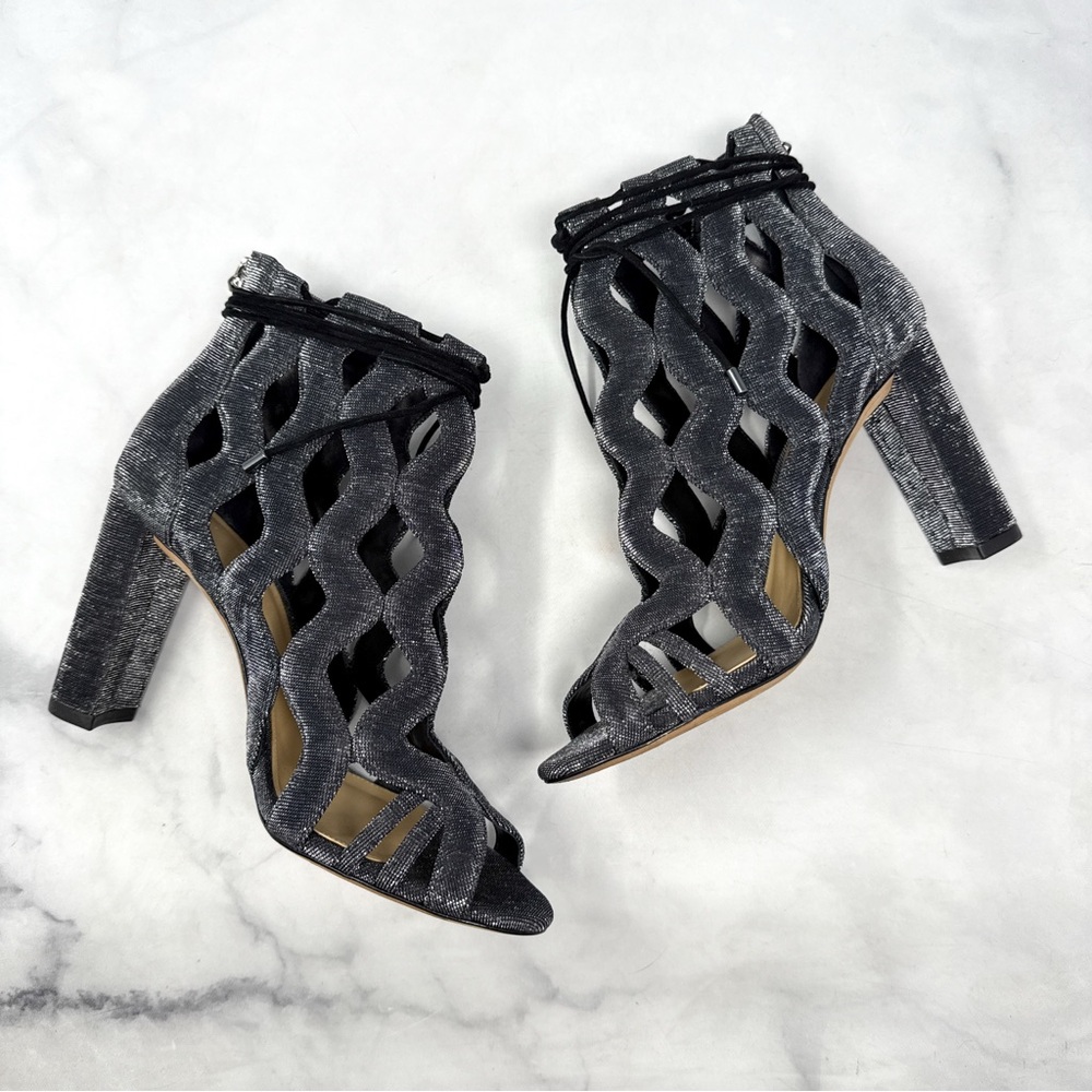 Alexandre Birman Loretta Metallic Caged Block Heel Sandal Booties Silver 38.5 - Picture 4 of 14